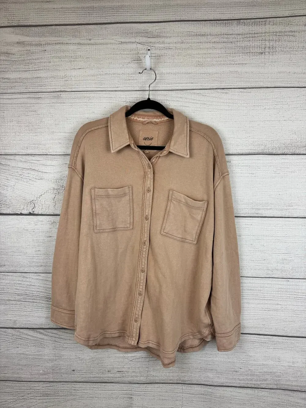 Aerie Women's Tan Washed Button Up Soft Top Size Small